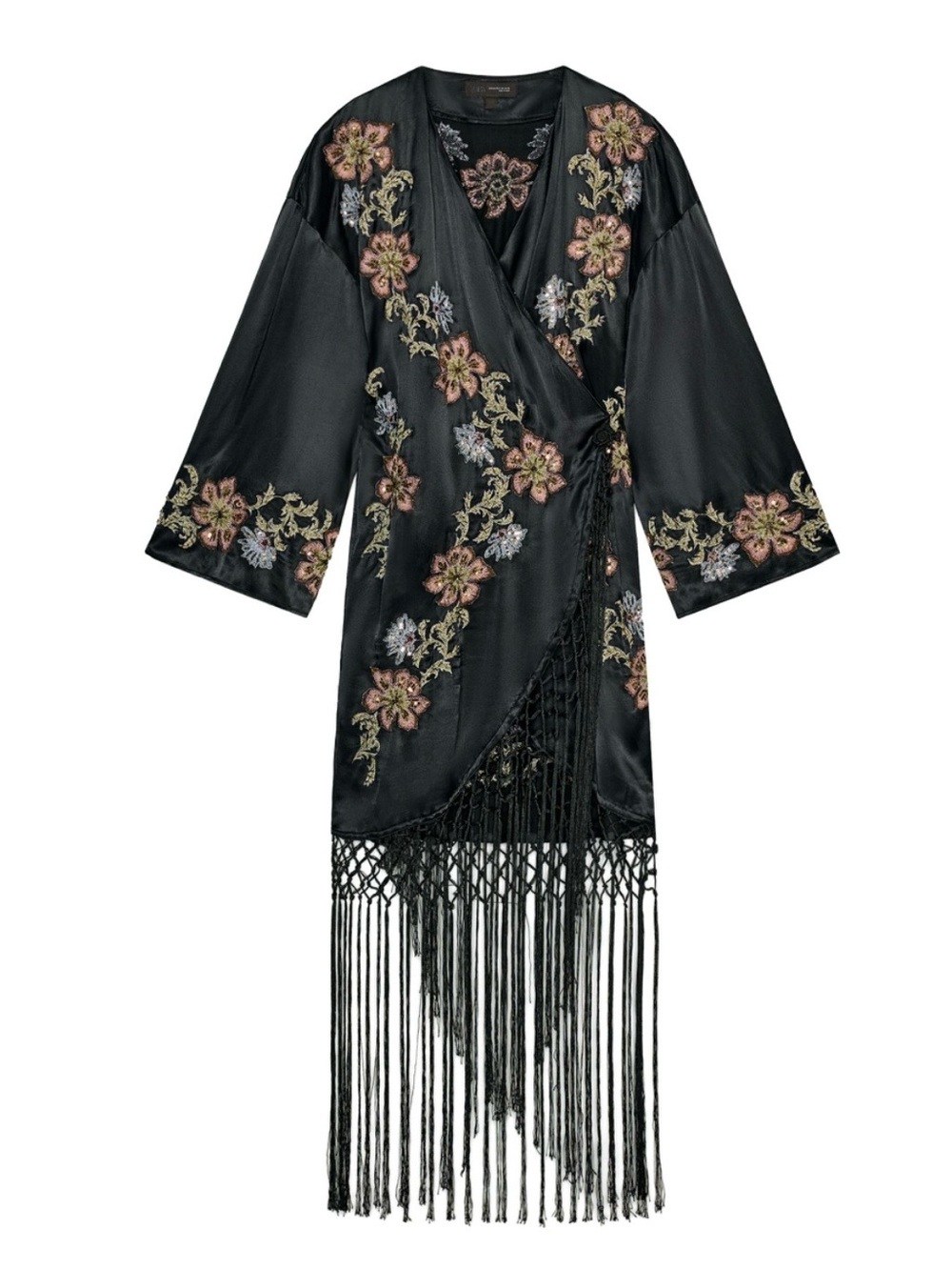 Zara Black Satin Kimono-Style Wrap with Floral Embroidery Size M/L